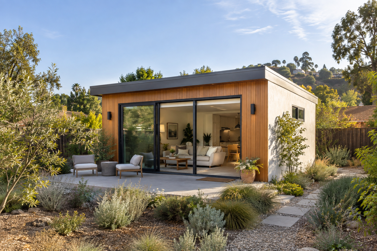 Compact cedar and white stucco backyard ADU with glass doors, a patio and native landscaping