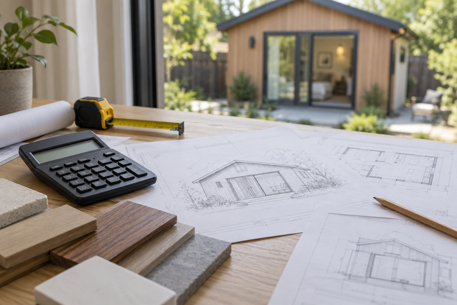 Calculator, architectural plans and material samples for ADU cost planning