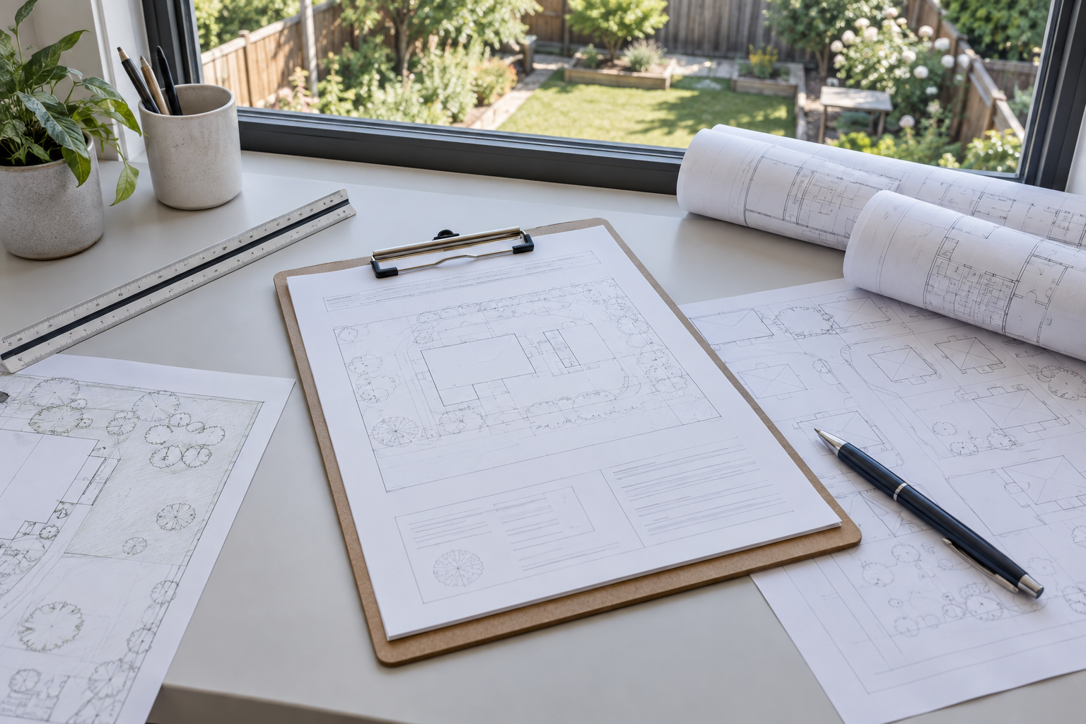 Planning documents, a clipboard and site drawings illustrating ADU permit preparation